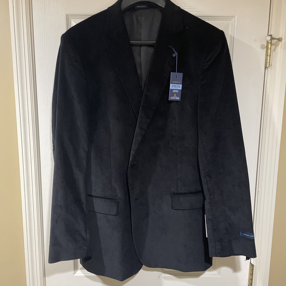 Stafford Mens Black Corduroy Sport Coat Classic Fit Stretch Size 48 Long NWT